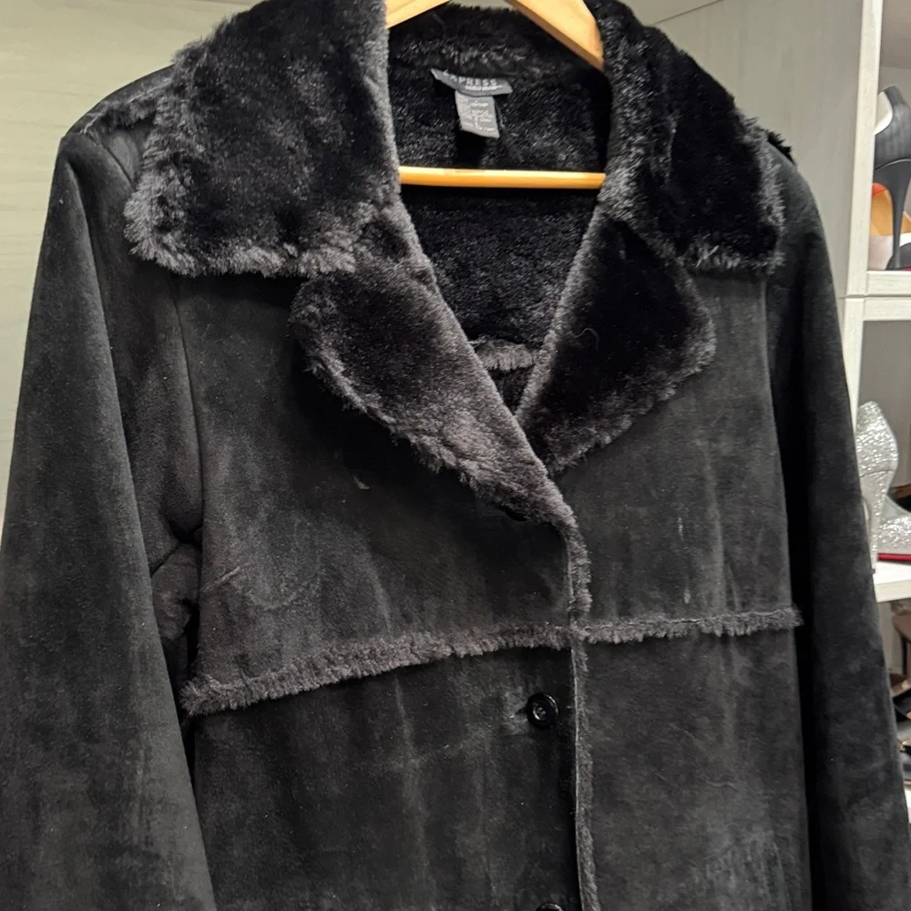 Express - Full-Length Black Suede/Leather with Black Faux Fur-Trimmed Coat - L - Picture 3 of 8